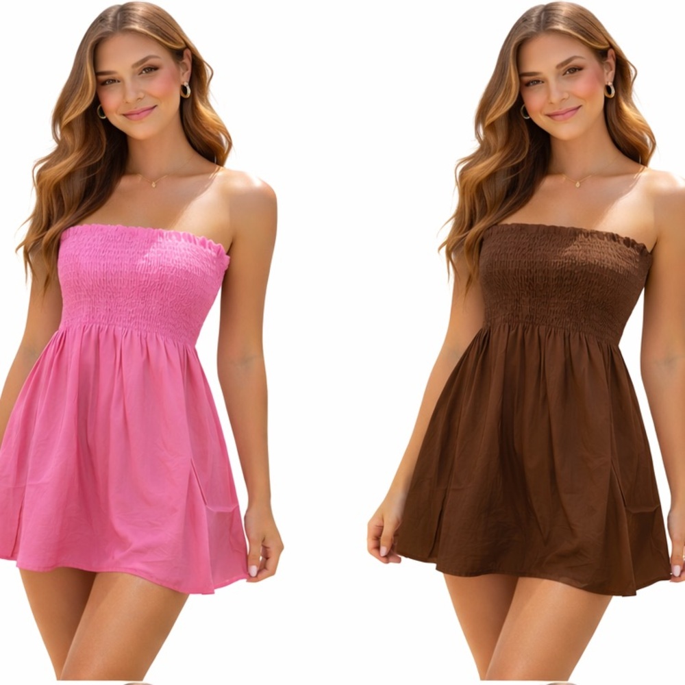 Women’s Strapless Smocked Babydoll Mini Dress – Available in Multiple Colors